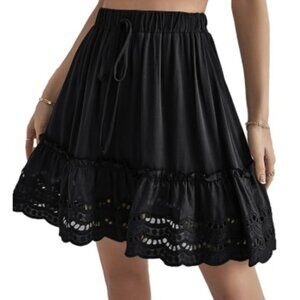 Lyaner Women's Elastic Waist pull-up scallop hem mini skirt M Black